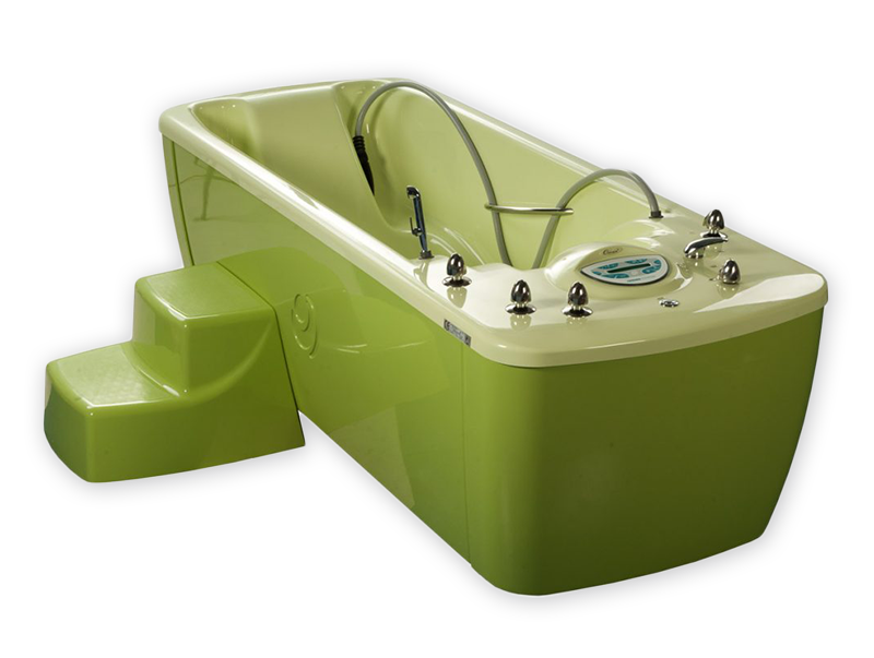 A wholebody hydromassage bath tub with manual controls, suitable for subaqual massage with a massage hose and and whirling baths.