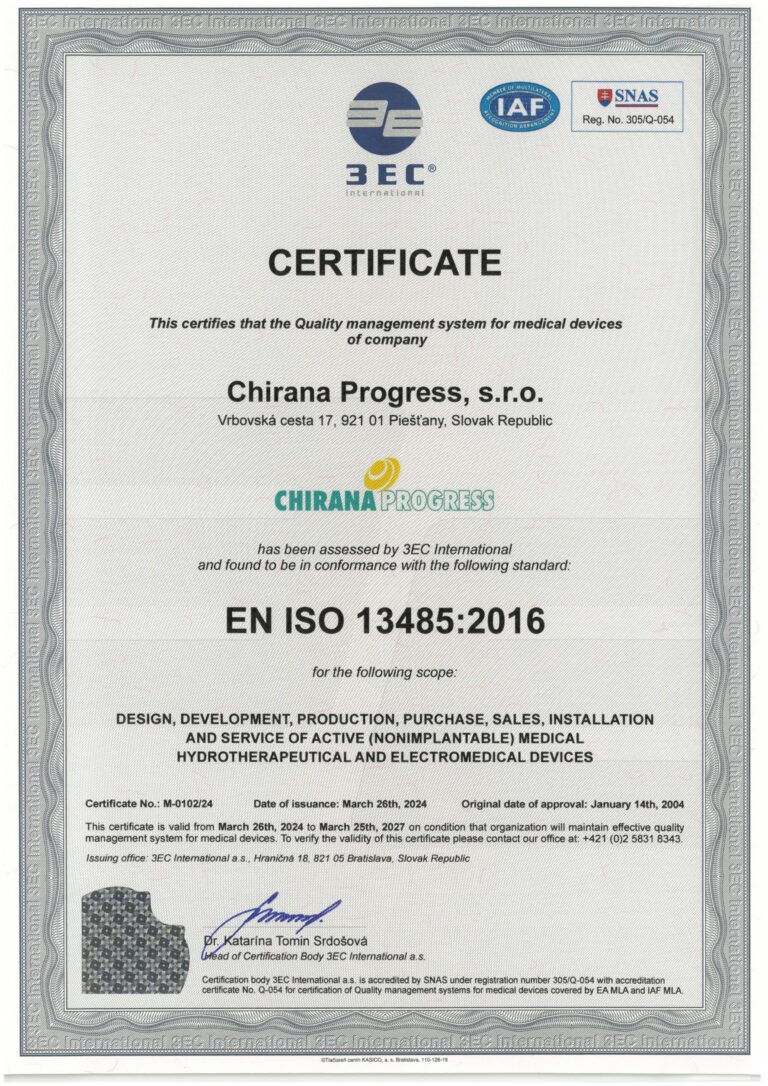 ISO 13485 certificate – Chirana Progress
