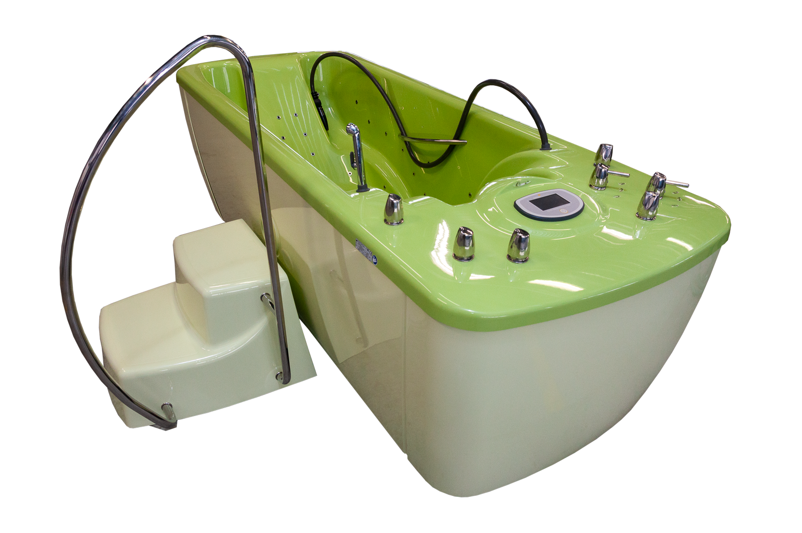 A computer controlled hydromassage bath tub with intelligent and automatic functions. Easily operated via a large touchscreen. It is equipped with a powerfull and efficient massage system and several massage zones. Thanks to its size, it is also suitable for manual subaqual massage.

In its basic version it offers a wholebody hydromassage with manual controls, suitable for subaqual massage with a massage hose and and whirling baths.