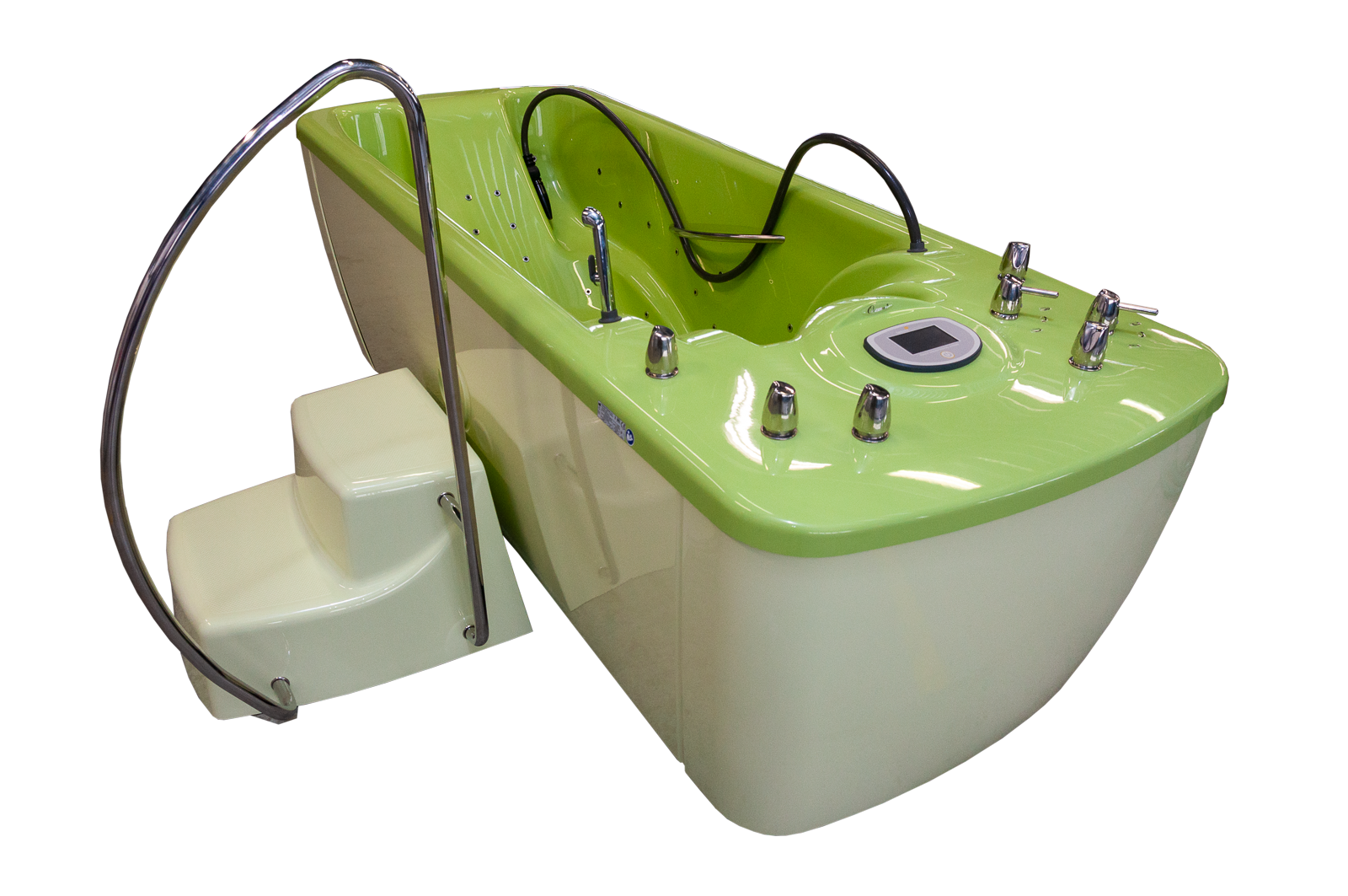 A computer controlled hydromassage bath tub with intelligent and automatic functions. Easily operated via a large touchscreen. It is equipped with a powerfull and efficient massage system and several massage zones. Thanks to its size, it is also suitable for manual subaqual massage.

In its basic version it offers a wholebody hydromassage with manual controls, suitable for subaqual massage with a massage hose and and whirling baths.