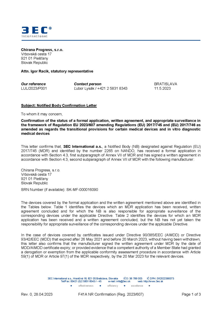 Confirmation of medical device registration – Chirana Progress