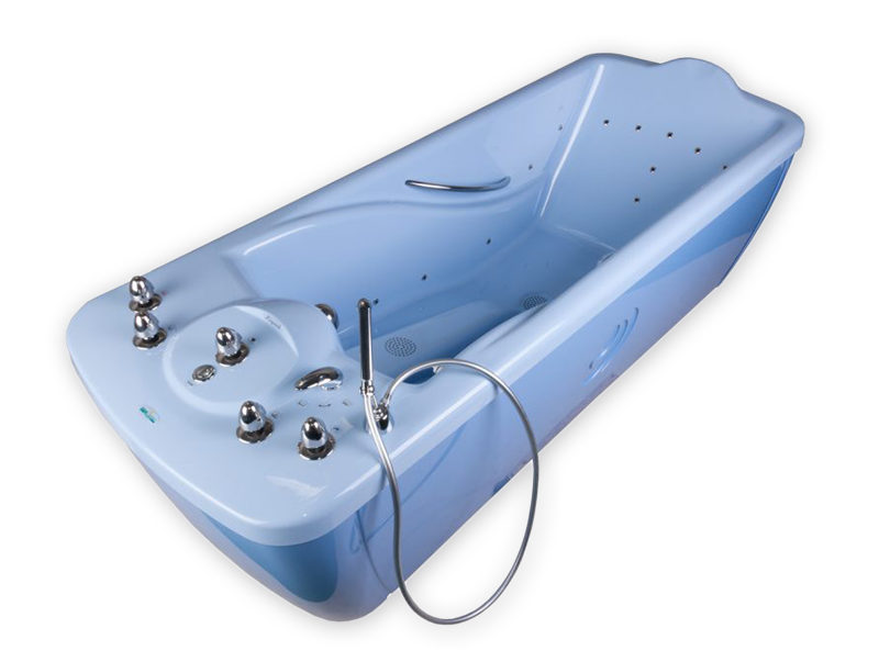 A wholebody hydrotherapy bath tub with manual controls. It is suitable for balenological and hydromassage treatments with possibility of additive water filling.