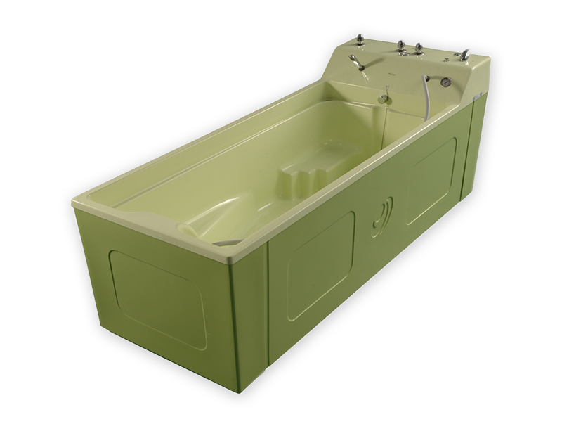A wholebody hydromassage bath tub with manual controls, it is especially suitable for subaqual massage treatment due to its large capacity and generous space.
